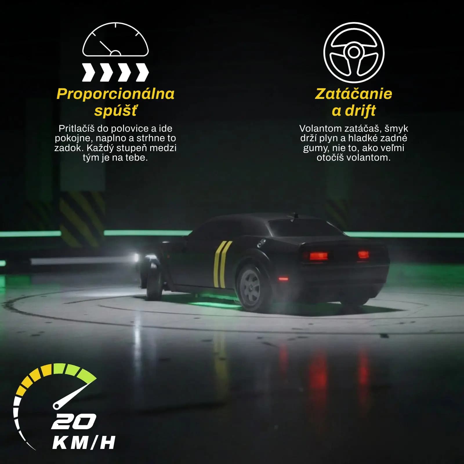 Two panels above the car: the proportional trigger on the left, and on the right how the wheel steers while the throttle and the slick rear tyres hold the slide