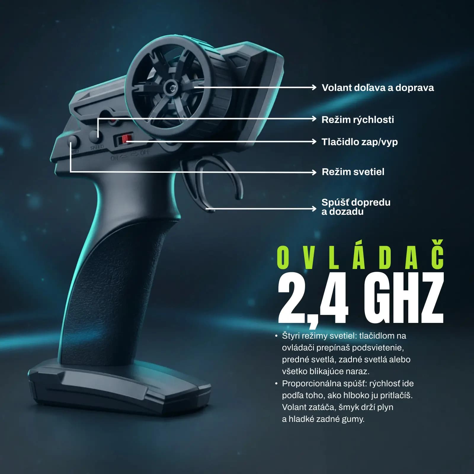The 2.4 GHz pistol grip remote with its parts labelled: steering wheel, speed mode, on and off button, light mode and the trigger for forward and backward