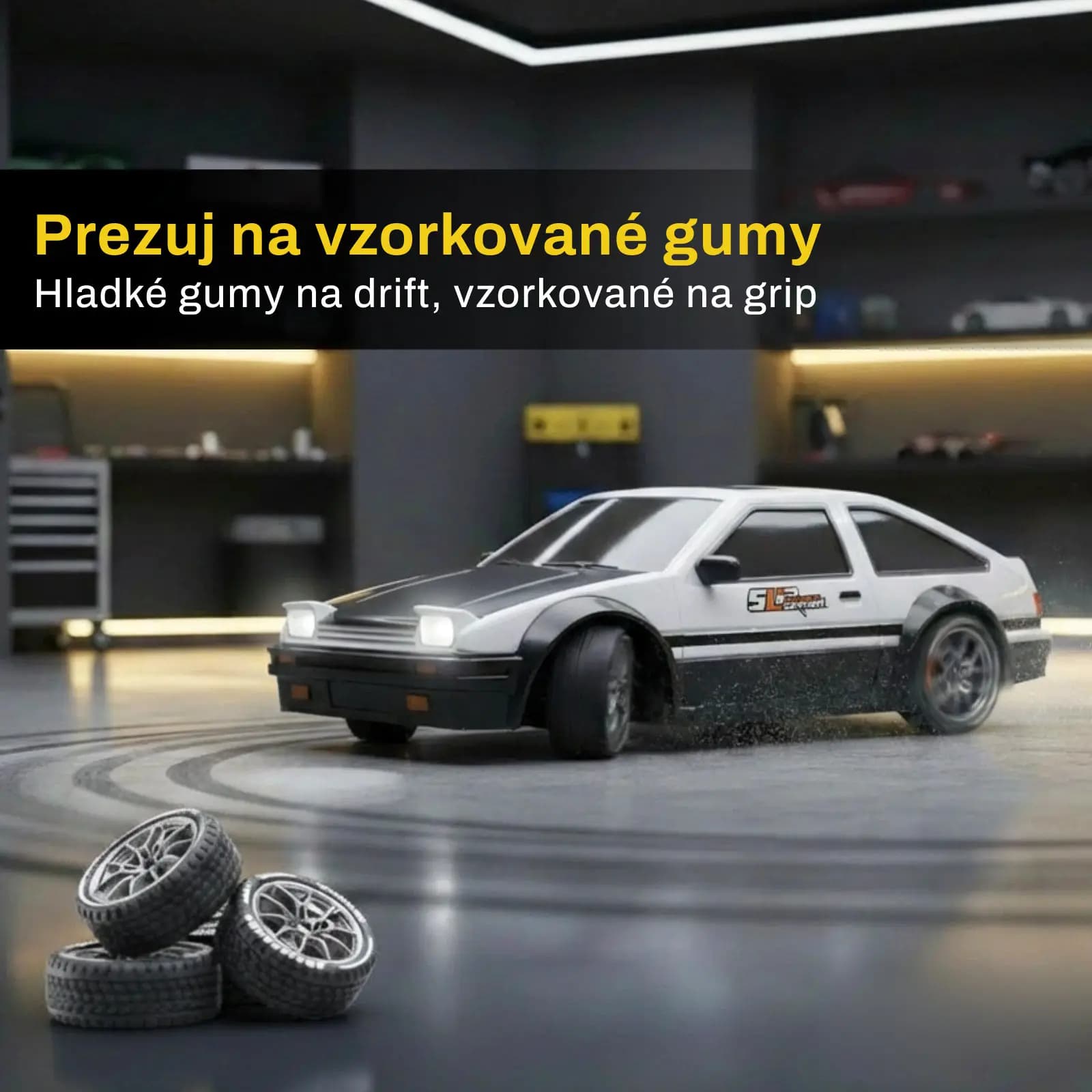 The four treaded grip wheels lying next to the car, the set you swap on when you want grip instead of drift, captioned swap to grip tyres for higher speed and stronger traction