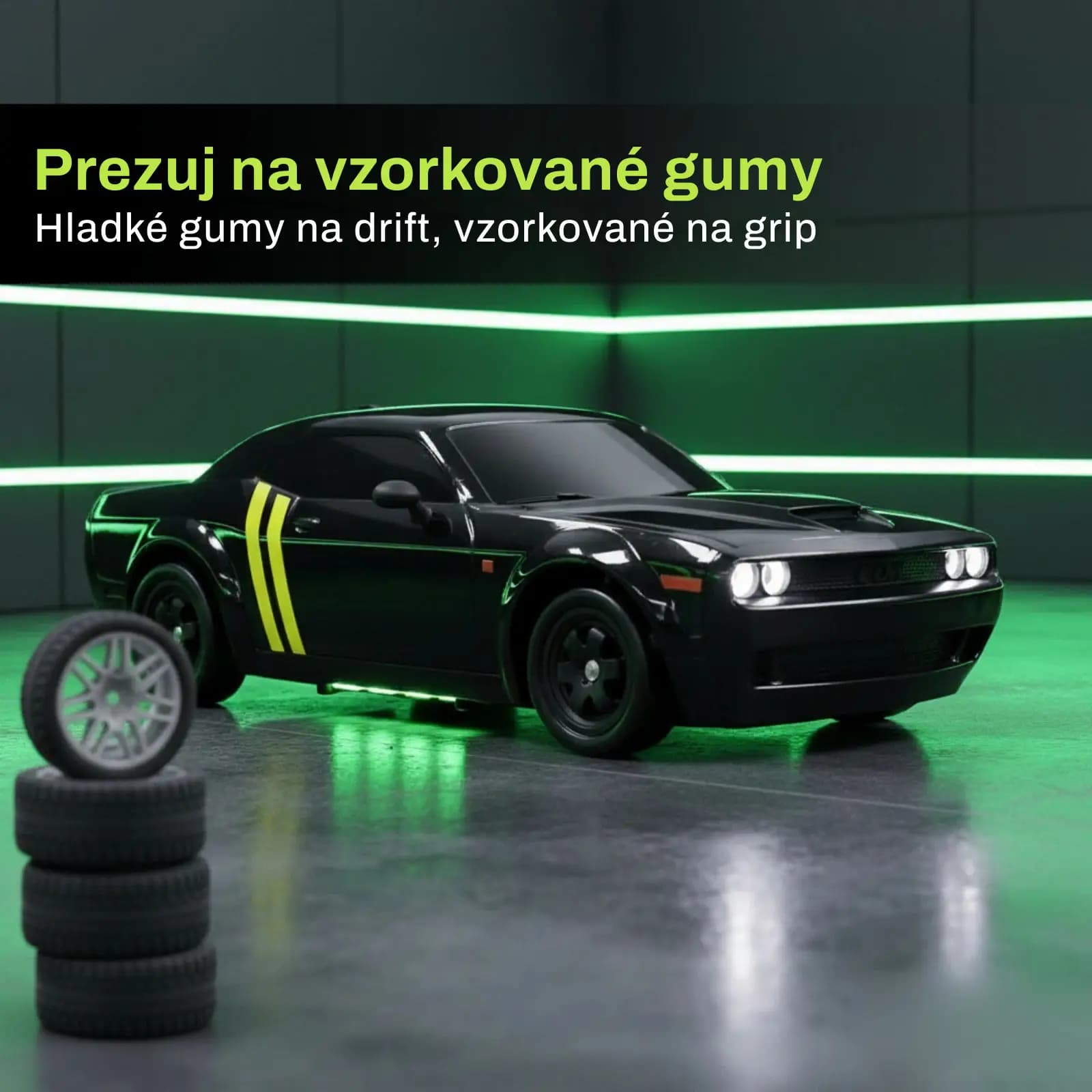The four treaded spare wheels stacked next to the car, the set you swap on when you want grip instead of drift