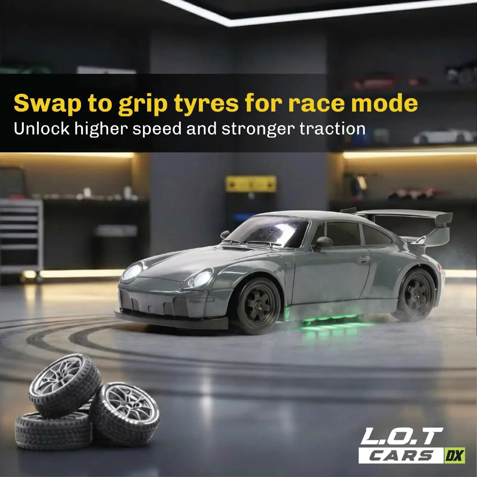 Four treaded spare wheels lying next to the car, the set you swap on for grip instead of the slick drift tyres
