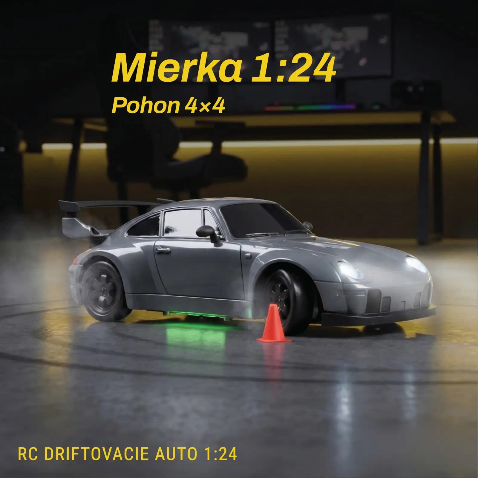 The dark grey car sliding past a cone on a smooth floor, captioned 1:24 scale and 4WD