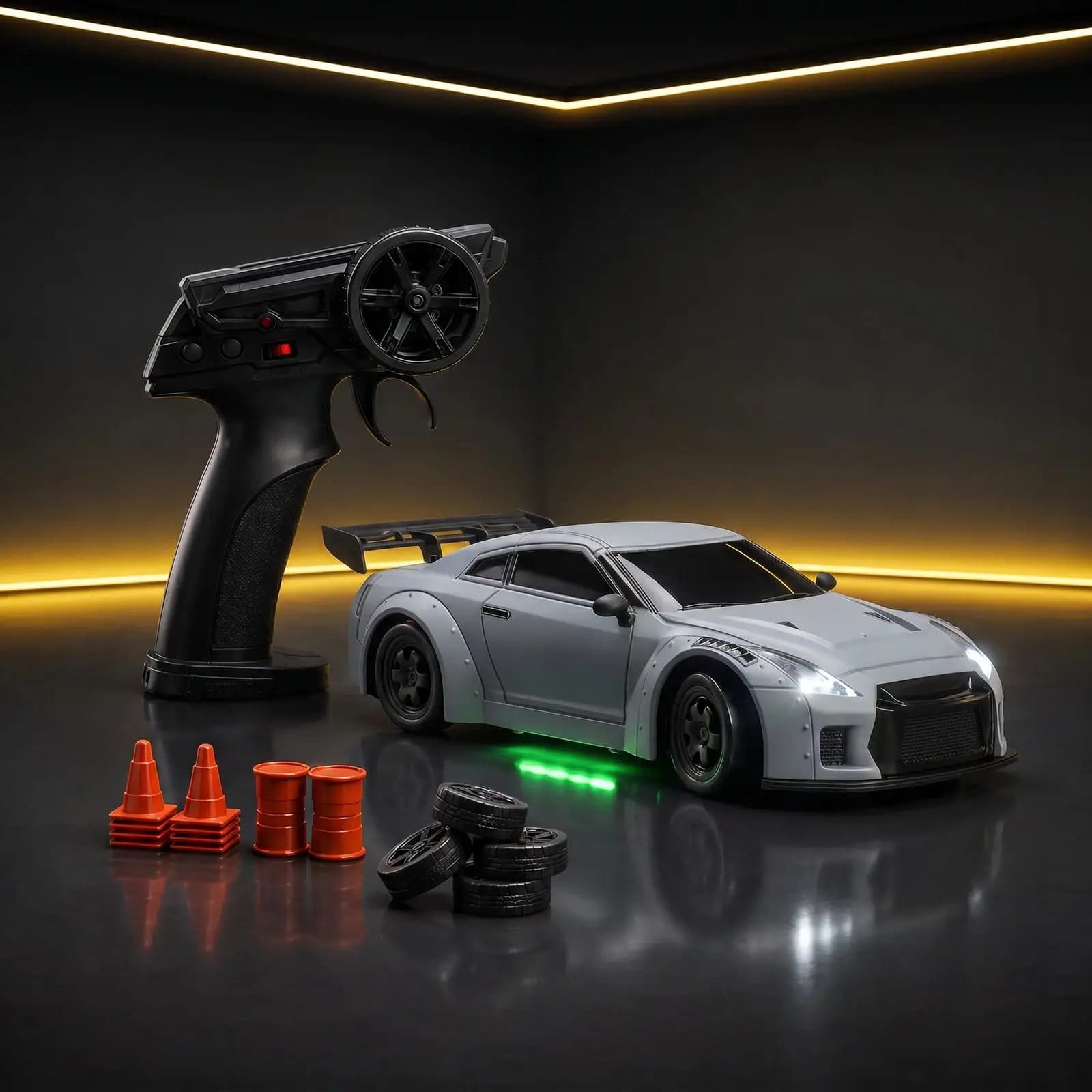 The light grey modern body with its headlights and underglow lit up, staged with the remote, the spare wheels and track markers