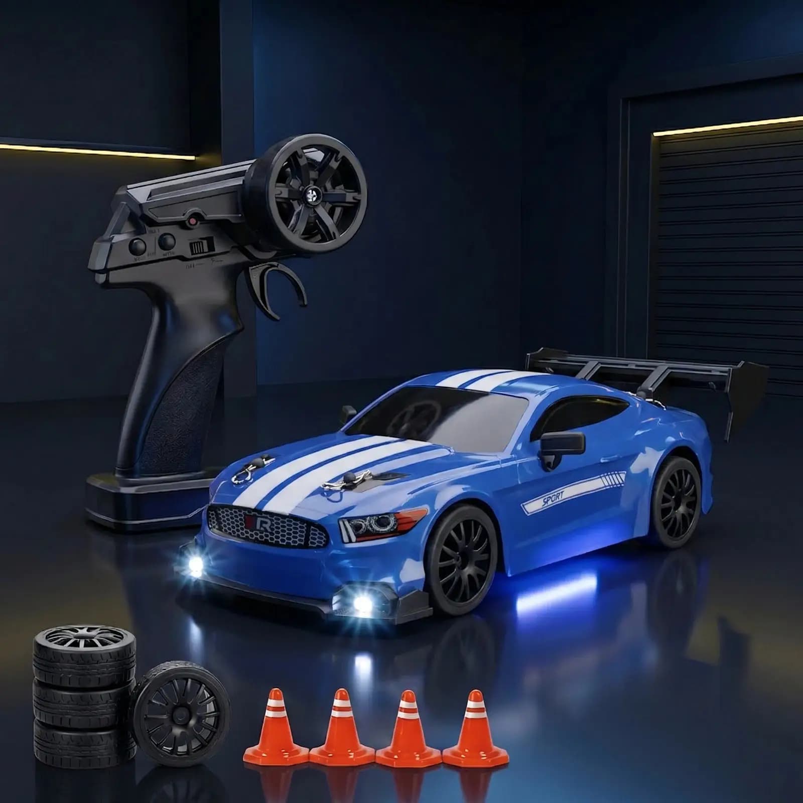 The blue GT Race 24 with white racing stripes, lights on, with the remote and spare wheels