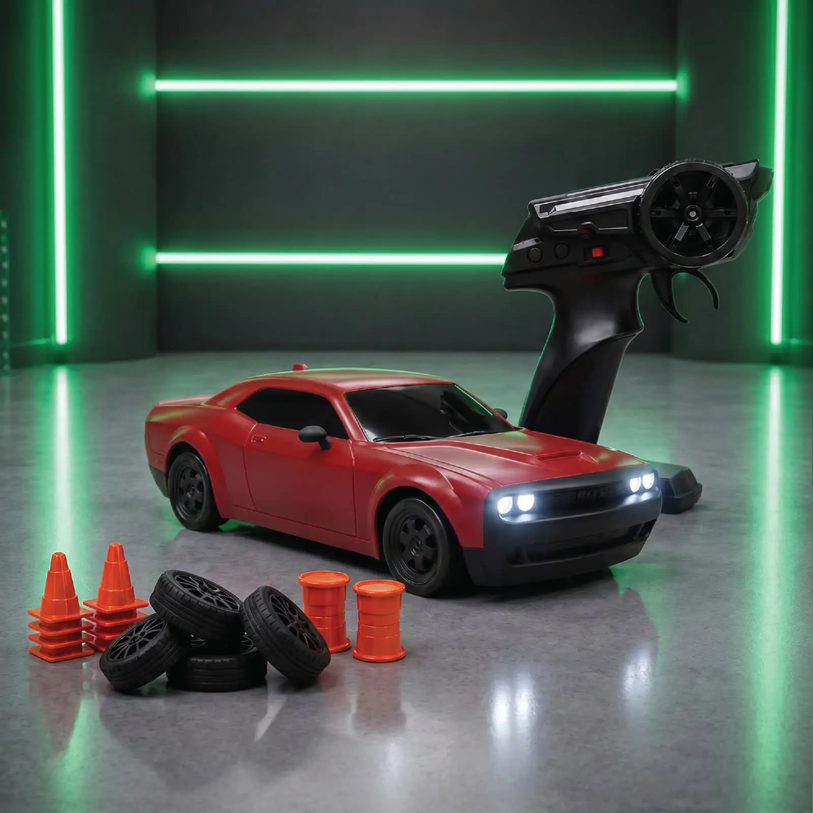 The red muscle coupe with its headlights on, next to the remote, four spare wheels, eight cones and two barrels